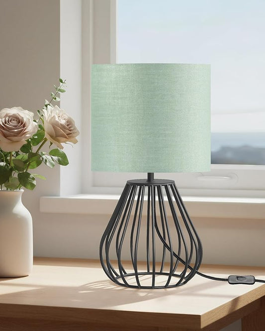 Green and Black Table Lamp, Small Bedside Lamp with Metal Base & Green Linen Lampshade, Modern Nightstand Lamp, Cute Desk Lamp for Bedroom, Living Room, 2700K LED Bulb Included, J06TL05