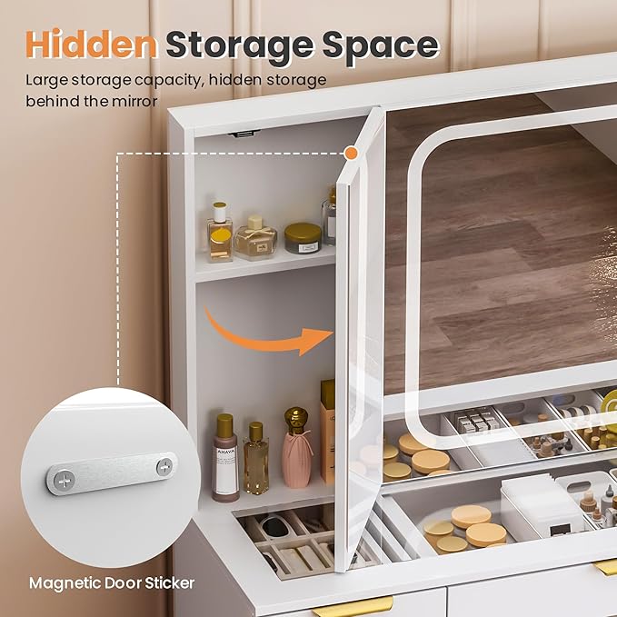 Pamapic 11 Drawers Vanity Desk with Foldable Mirror, Glass Top Makeup Vanity with LED Lights, 3 Lighting Modes, Golden Handles Dressing Table with Chair and Power Outlet