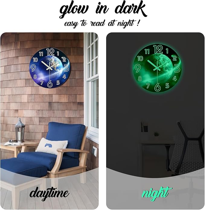 Modern Blue Wall Clock for Bedroom Night Glow Round Glow in The Dark Clock 12 Inch Silent Wall Clock Non Ticking