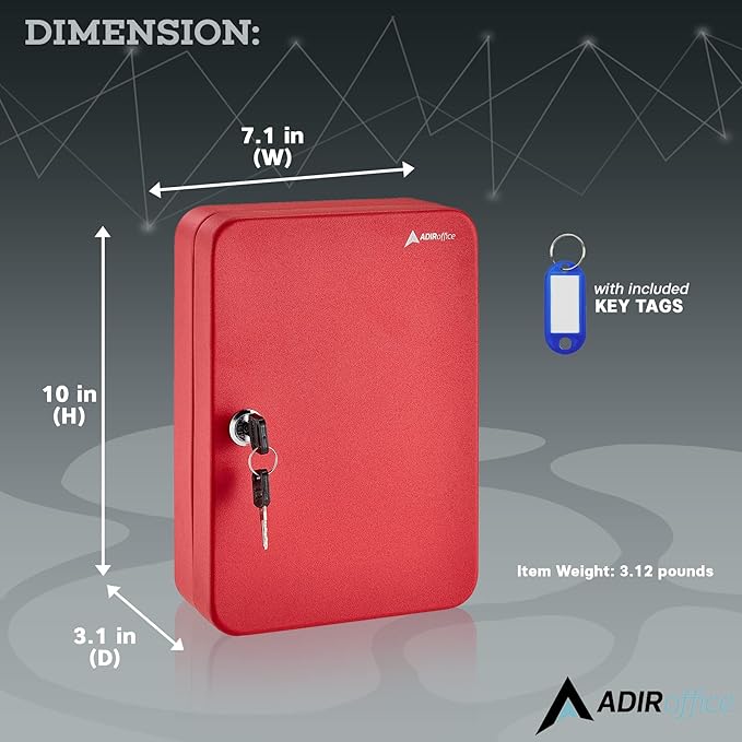 AdirOffice Key Lock Box – 48 Key Hooks Wall Mounted Key Cabinet Lock Box, Car Keys Holder Box, Lockable Key Storage Box - Metal Key Box Organizer with for Home and Office