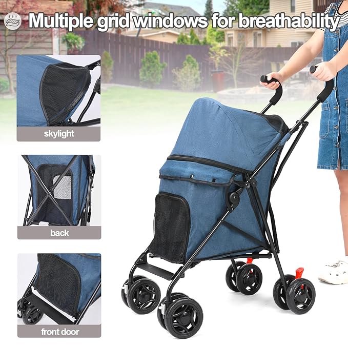 Pet Stroller for Small Dogs Medium Dogs 33lbs, Dog Pram Ultra Light - only 3.5 kg, Dog Stroller Pet Pram with 4 Wheel Foldable/Storage Basket/Cup Holder-P07 (Navy)