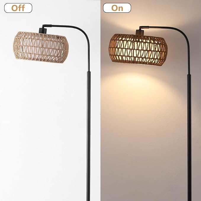 Rattan Floor Lamp for Living Room, Tall Pole Lamp with Adjustable Drum Shade, Foot Switch& Romote, Height Ajustment, Over Couch Arched Floor Light for Reading Bedroom Bulb Included