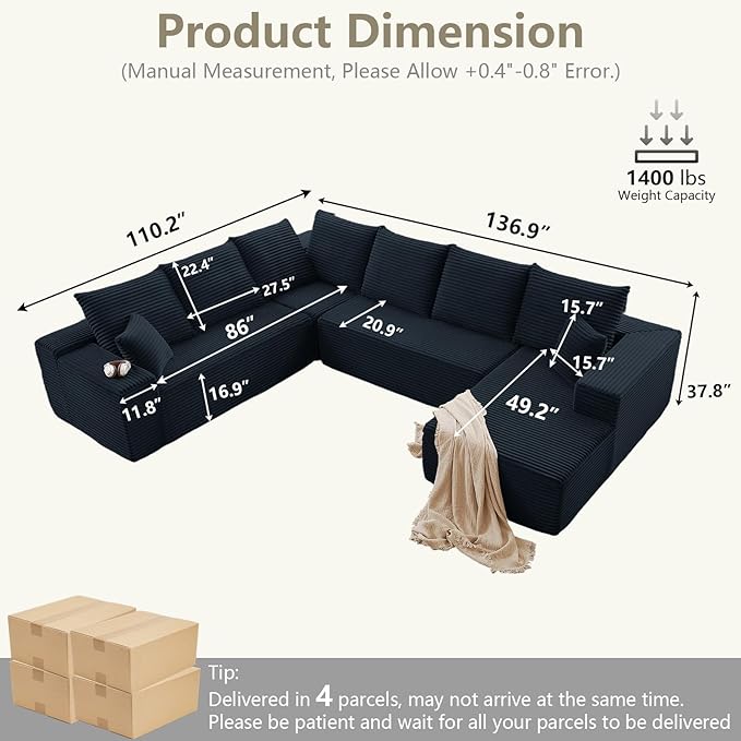 Sectional Cloud Couch with L-Shape Chaise, Modern Modular Comfy Sofa with Deep Seat, Upholstered Corduroy Couches Stupendous U Shaped Sofas for Living Room Bedroom, No Assembly Required, Black