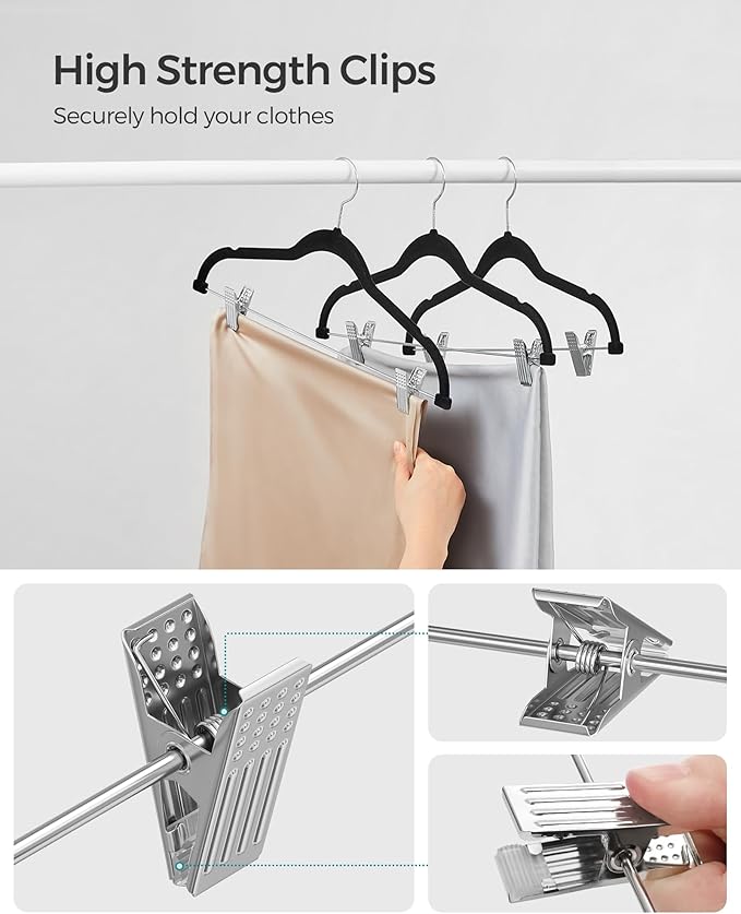 SONGMICS 20-Pack Pants Hangers, 16.7-Inch Long Velvet Hangers with Adjustable Clips, Heavy-Duty, Non-Slip Skirt Hangers, Space-Saving for Pants, Skirts, Coats, Dresses, Black UCRF012B20