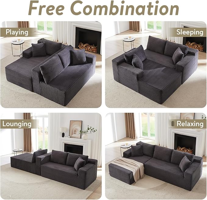 104 Inch Cloud Sectional Couch with L-Shape Chaise,Modern Upholstered Couches with Deep Seat,Corduroy Sponge Compressed Sofa for Living Room,No Assembly Required (Dark Grey)