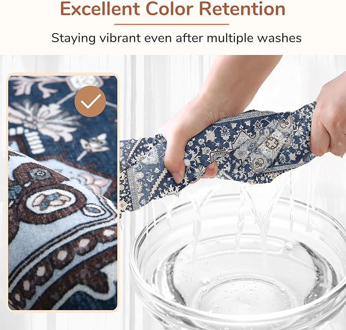 OPPODREAM Thin Area Rugs 9x12 Living Room, Washable Rugs 9x12 with Non Slip Backing, Faux Cashmere Low-Pile 9 x 12 Carpet, Navy Blue & Gold