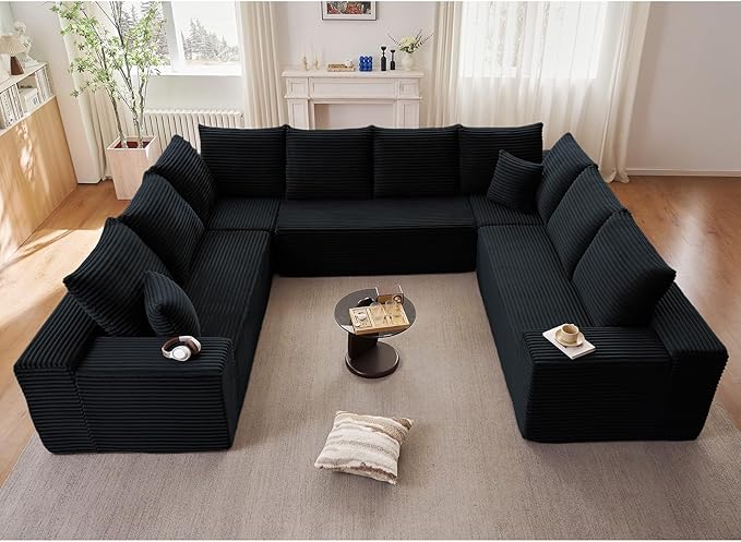 Sectional Cloud Couch for Living Room, Big Comfy Corduroy Couches Set with Fluffy Memory Foam, Modular Floor Deep-Seat Sofa, Stupendous U Shaped Sofas with 12 Pillows, No Assembly Required, Black