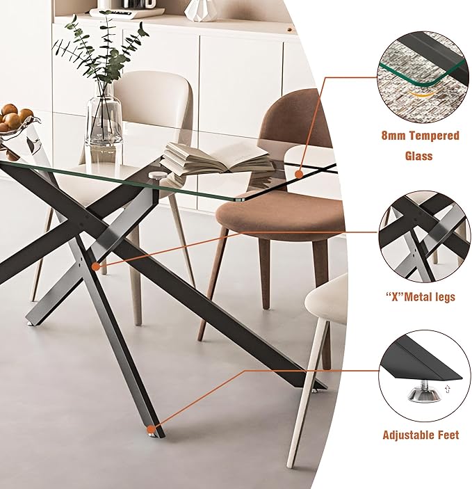 60.6'' Tempered Glass Dining Table for 4-6 People, Rectangle Kitchen Table with Black X-Base Metal Legs, Adjustable Feet, Glass Top Desk for Home Office Glass Dining Room Table for 6