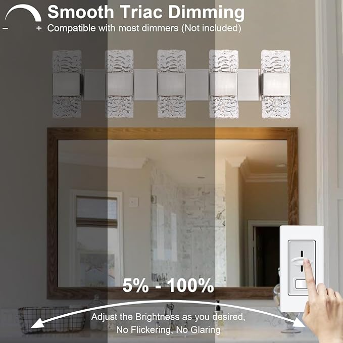 MELUCEE 30.3 in LED Bathroom Lighting Fixtures Dimmable 40W LED Vanity Light Brushed Nickel Modern Bathroom Light Bar Crystal Wall Sconce for Bath Restroom Powder Room, 3000K Warm Lighting