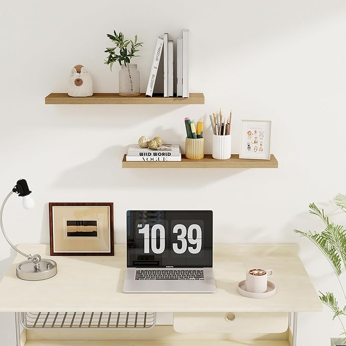 Fun Memories Floating Shelves for Wall, 27.5" Rustic Wood Deep Wall Mounted Shelves with Invisible Brackets for Decor & Storage, Floating Shelf for Living Room, Bathroom (Oak, Set of 2)