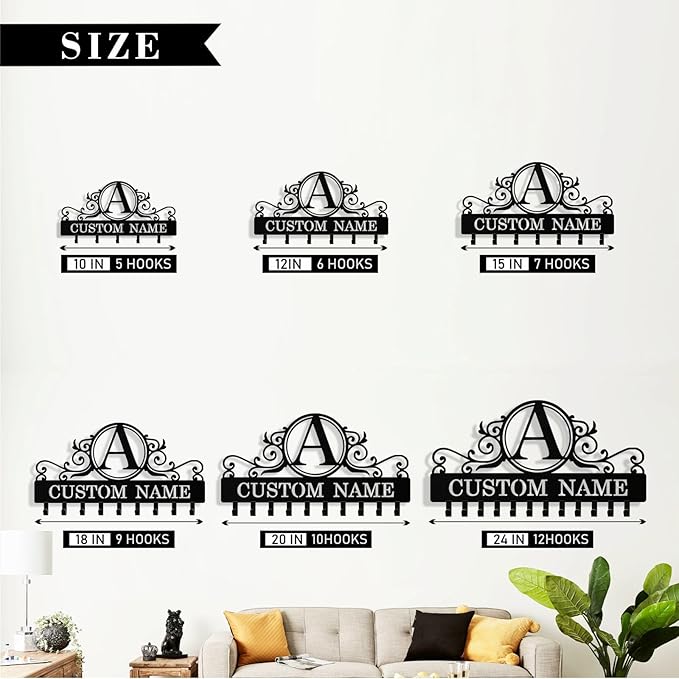 Personalized Key Holder Wall Mount, Custom Metal Keys Hanger for Wall with Name, Name Background Letter Theme Key Rack Holder with Hooks for Home, Entryway, Front Door, Living Room, Kitchen, Bathroom