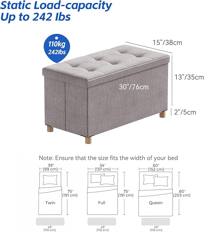 BRIAN & DANY 30 Inches Folding Storage Ottoman Bench, Ottoman with Storage Bench for Bedroom, Living Room, Entryway, Foot Rest with Legs, Light Gray