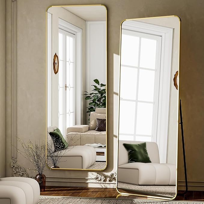 VooBang Round Corner Mirror Full Length, 66" x 23" Floor Mirror with Stand, Matte Aluminum Alloy Frame Full Body Mirror, Standing Hanging or Leaning for Bedroom and Living Room, Gold