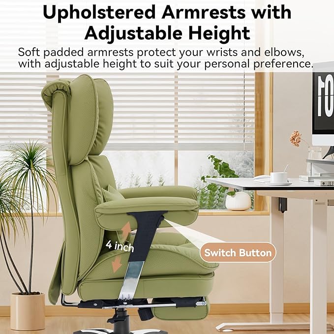 Efomao Big and Tall Office Chair 400lbs, Ergonomic High Back Executive Office Chair with Footrest, Wide Computer Desk Chair for Home Office, Comfortable PU Leather Heavy Duty Chair，Green