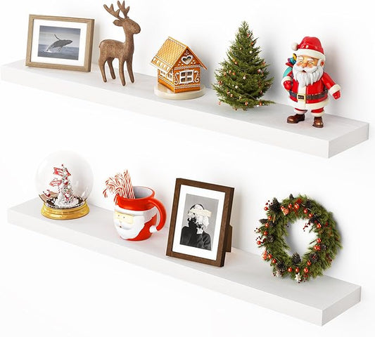 Heimlove 36 Inch Floating Shelves for Wall,Mounted Storage & Display Wood Shelves with Invisible Brackets,Hanging Shelf for Bedroom Living Room Kitchen Office,Set of 2,White