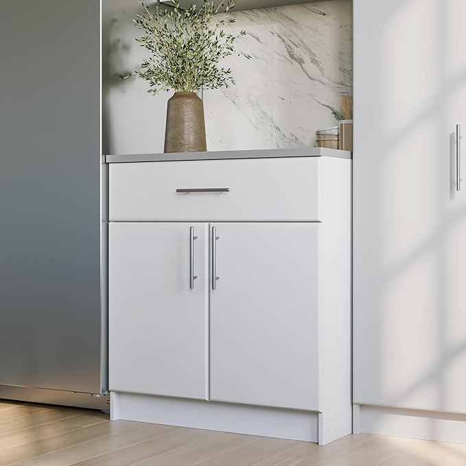 Prepac Elite 36" Tall Storage Cabinet with Doors and Shelves, Multipurpose Garage Cabinet with Large Drawer and Adjustable Shelf, Open Back Storage Furniture for Kitchen, Laundry Room, Garage, White