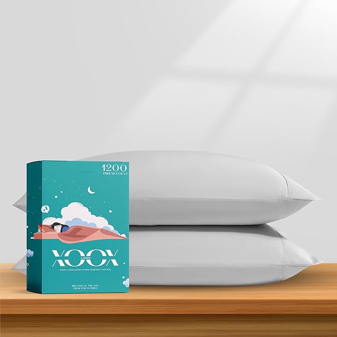 XOOX Linen 100% Egyptian Cotton Pillow Cases Standard/Queen Size Set of 2 - Luxury 1200 Thread Count Sateen Light Grey Pillow Cases, Silky Soft Cooling Pillowcases Fits Standard & Queen Size Pillows
