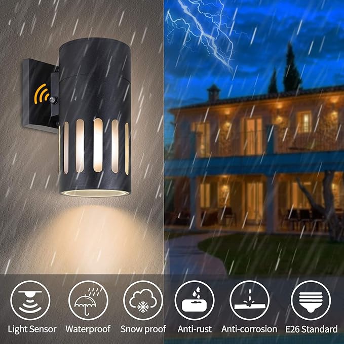 Dusk to Dawn Sensor Outdoor Wall Sconce, Exterior Lighting -ETL Listed, Aluminum Anti-Rust Waterproof Wall Mount Cylinder Light, 1-Direction Up or Down Light Fixture for Porch,Patio or Doorway