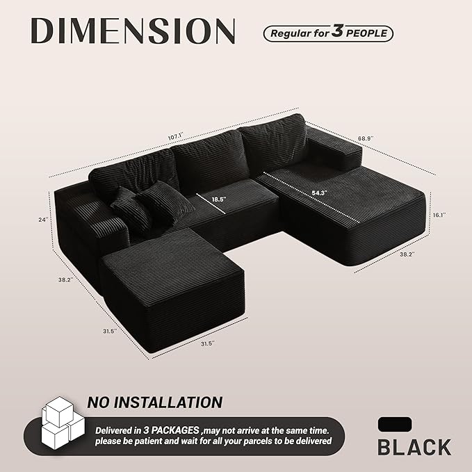 107" Boneless Couch with Deep Seat, Modular Sectional Sofa, Cloud Sectional Couch for Living Room, No Assembly Required, Corduroy, U-Shape 3 Seater Right, Black