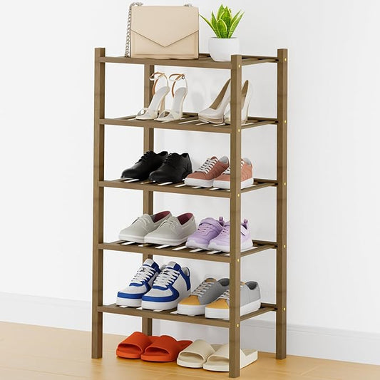 Smiry Shoe Rack, 5 Tier Thick Small Bamboo Shoe Organizer, Stackable Free Standing Wooden Shoe Storage Shelf for Closet, Entryway, Front Door Entrance, Walnut