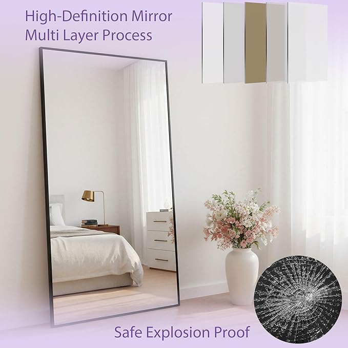 Full Length Mirror, 83"x44" Floor Mirror Freestanding, Oversized Floor Standing Full Body Mirror with Stand for Bedroom, Hanging Mounted for Living Room Cloakroom, Black, Rect