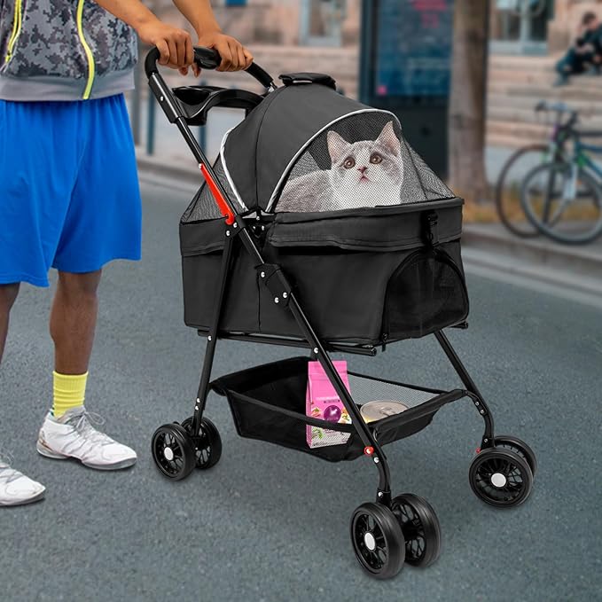 Pet Stroller for Small Medium Dogs Cats,Detachable Folding Travel Puppy Stroller with Wheels,Max Load 44 lbs,with Storage Basket