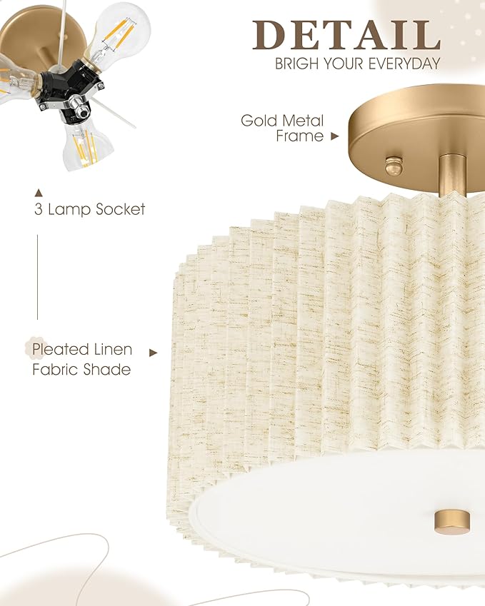 Gold Semi Flush Mount Ceiling Lights, 3-Light 12.5" Light Fixtures Ceiling Mount with Pleated Linen Fabric Shade, Drum Lighting Fixture for Hallway Nursery Bedroom Kitchen, AD-25036-3SF-GD-B