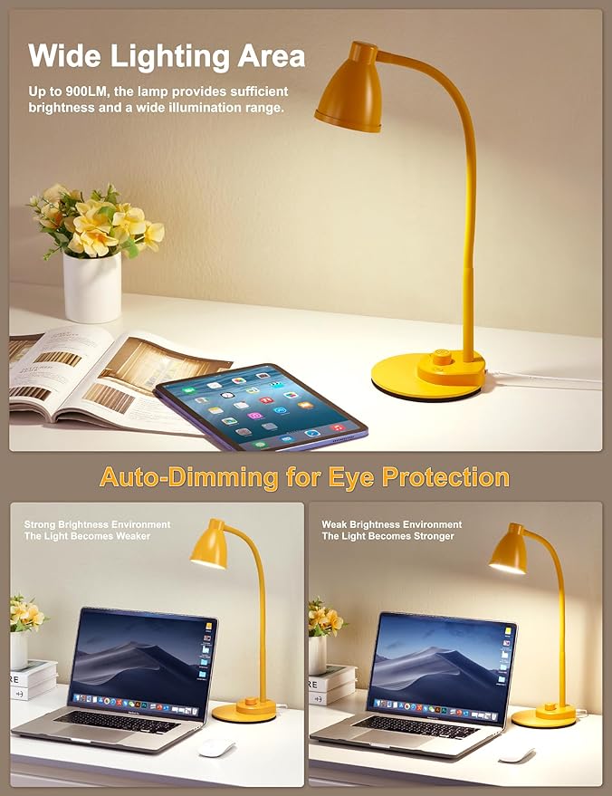 BOHON LED Desk Lamp with USB Charging Port, 3 Color Modes Fully Dimmable Reading Lamp, Auto Dimming Task Lamp, Flexible Neck Table Light for Home Office Dorm Bedside, Bright Yellow