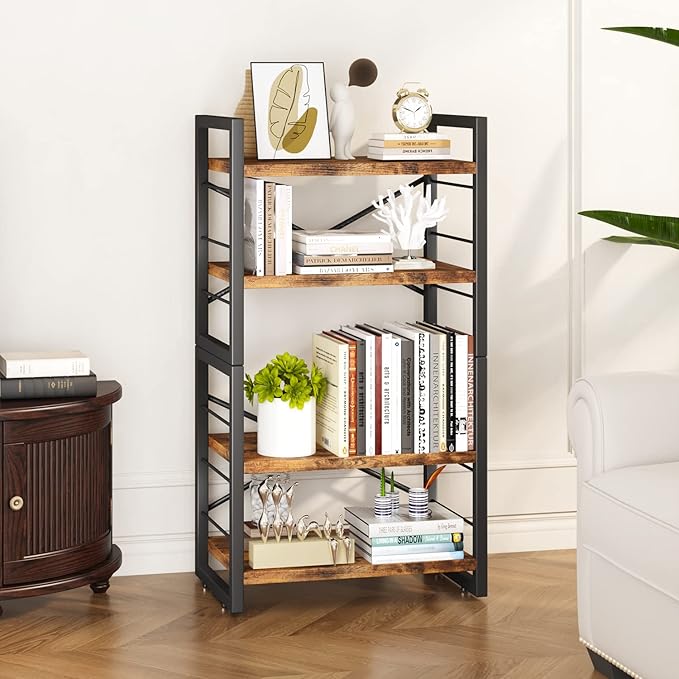 Homeiju Bookshelf, Dorm Desk Hutch, Desk Shelf Organizer, 4 Tier Stackable Bookcase, Adjustable Industrial Book Shelf Storage Organizer for Desktop, Living Room, Bedroom, Office,Rustic Black and Brown