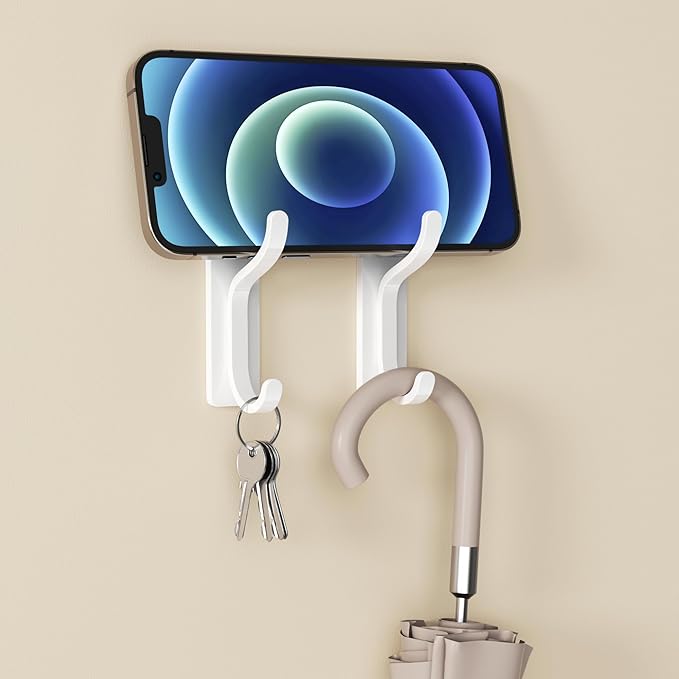 pickpiff Adhesive Wall Coat Hooks - Heavy Duty Stick-On Door Hanger, Metal Hook for Hanging Towel,Purse, Robe, Backpack, Jacket, Clothes - for Bathroom,Dorm, Closet, Kitchen - White, 2 Pack