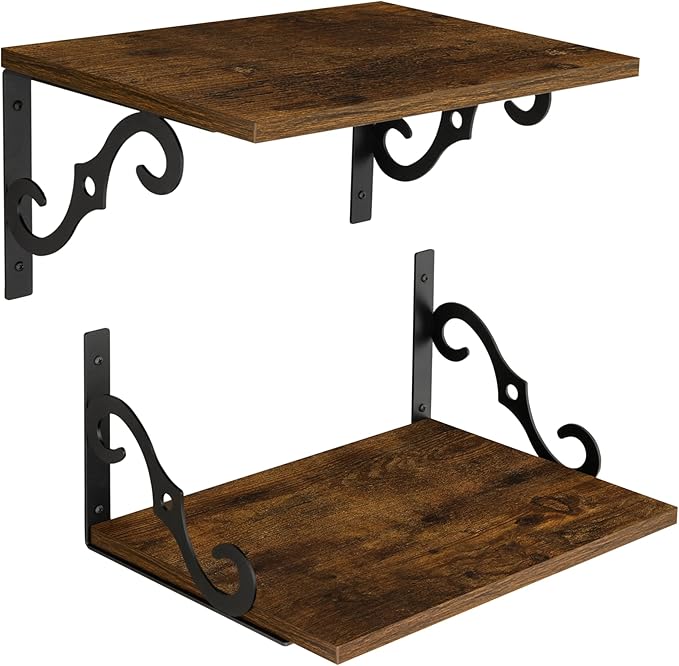 DINZI LVJ Deep Floating Shelves, 16" W x 12" D Wall Shelves Set of 2, Wide Display Shelf Mounted with Brackets, Easy-to-Install Wall Bookshelf for Living Room, Bathroom, Bedroom, Rustic Brown