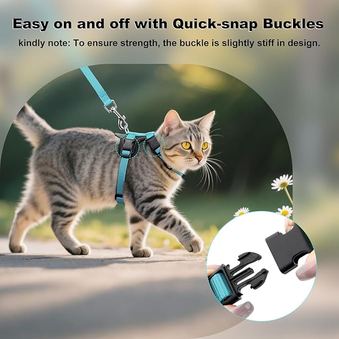 Plutus Pet Adjustable Cat Harness and Leash Set, Quick Release, Escape Proof Nylon Vest with Leather Trim for Kitten, Small Medium Large Cats, Light Blue
