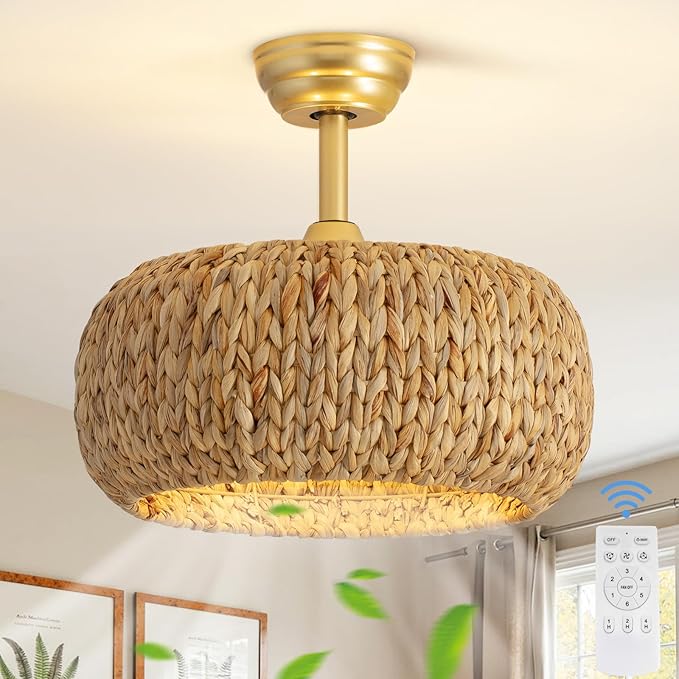 17.7" Caged Rattan Ceiling Fans with Lights, Boho Flush Mount Ceiling Fan with Light, Low Profile Chandelier 6 Speed Bladeless Reversible Ceiling Fan for Living Room Bedroom kitchen island dining room