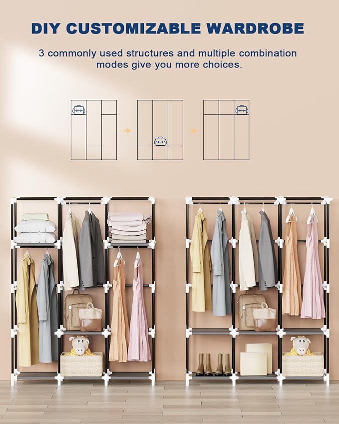 Mavivegue Portable Closet, Wardrobe Closet Organizer with Cover, 3 Hanging Rods and Shelves,Large Capacity for Bedroom, Living Room (Gray, 50" W x 17" D x 64" H)