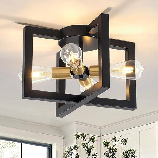Modern Black and Brushed Gold Semi Flush Mount Ceiling Light, 4-Light Industrial Geometric Light Fixture, Ceiling Lights for Hallway Entryway Laundry Kitchen Dining Room Bedroom Lighting, UL Listed