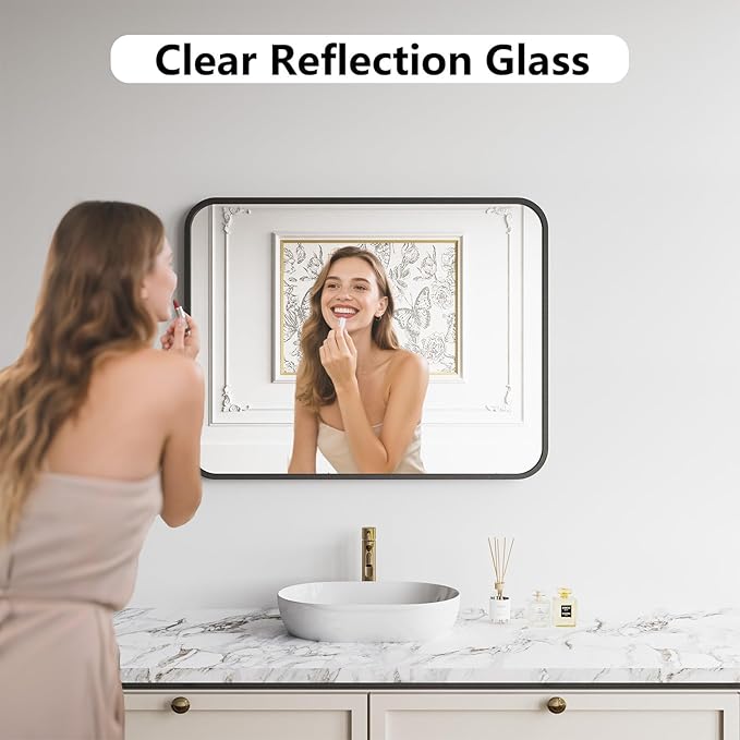 Koonmi Bathroom Mirror, 28X36 Brushed Black Rectangle Wall Mirror, HD Tempered Glass, Anti-Rust Frame Vanity Mirror, Rounded Rectangle Mirror for Restroom, Bedroom, Hangs Horizontal or Vertical