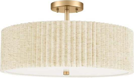 Semi Flush Mount Ceiling Lights, 4-Light 18" Gold Light Fixtures Ceiling Mount with Pleated Linen Fabric Shade, Drum Lighting Fixture for Nursery Hallway Bedroom Kitchen, AD-25036-4SF-GD-B