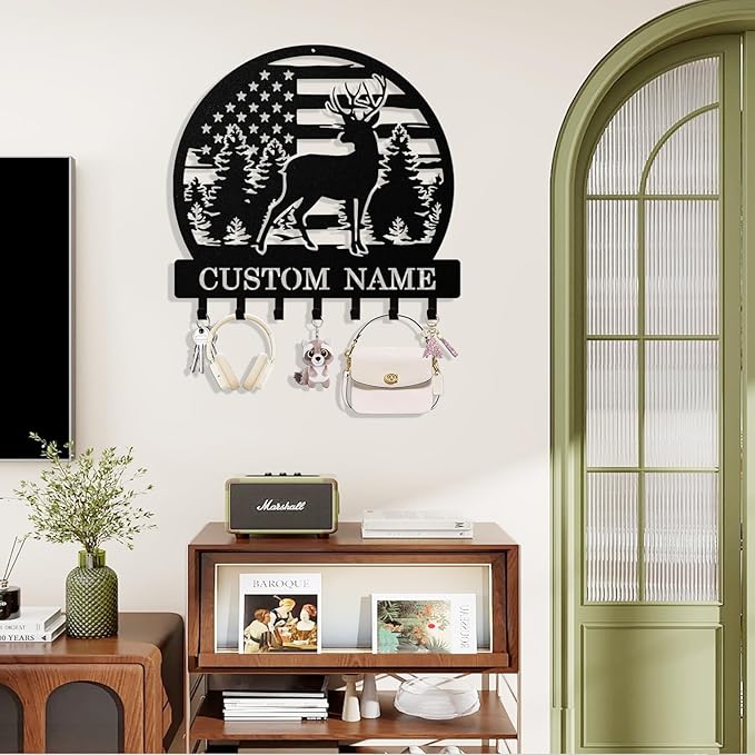 Personalized Deer Key Holder Wall Mount, Custom Metal Keys Hanger for Wall with Name, Custom Key Rack Holder with Hooks for Home, Entryway, Front Door, Living Room, Kitchen, Bathroom