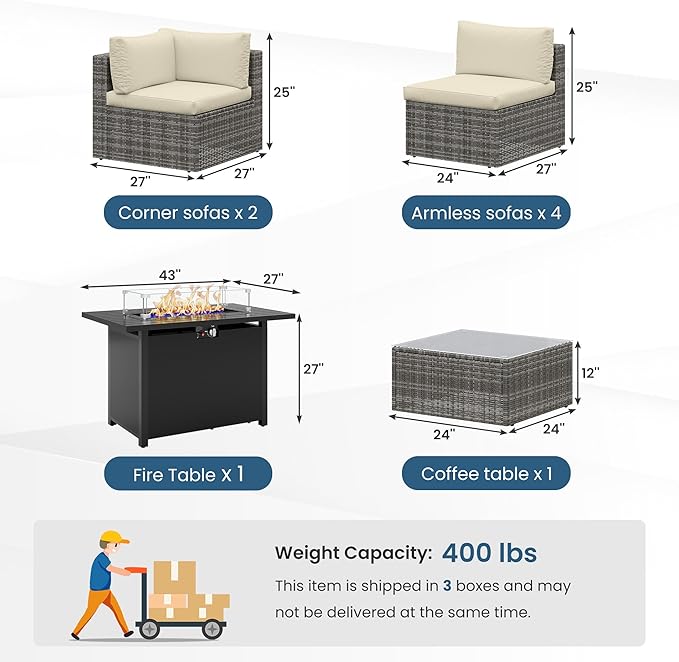 8 Pieces Outdoor Patio Furniture Set with 43" Fire Pit Table, Wicker Outdoor Patio Sectional Sofas with Coffee Table and Cushions, All-Weather Patio Conversation Set for Backyard Garden, Beige