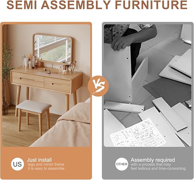 Solid Wood Vanity Desk with Mirror and Lights,Adjustable Height and Brightness, Makeup Vanity with 3 Drawers,Semi-Assembled,Dressing Table for Bedroom (Natural)