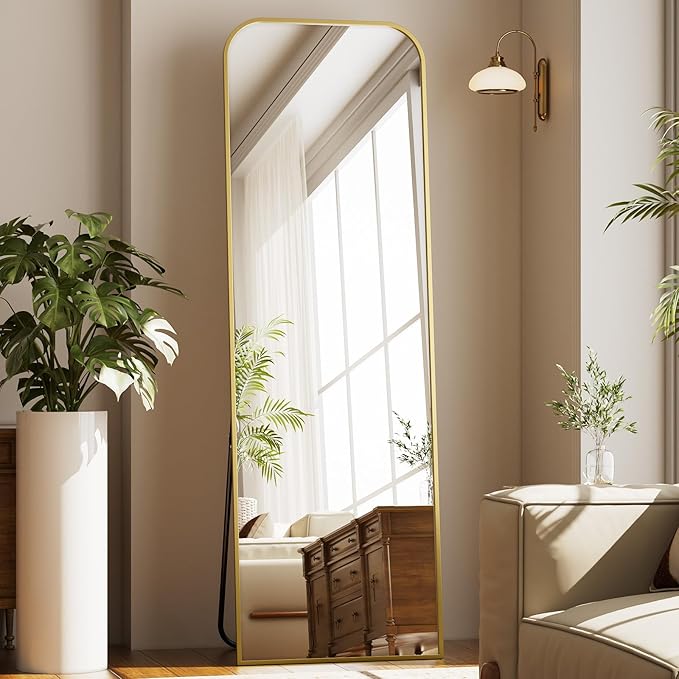 Full Length Mirror 64"x21" Arched Floor Standing Large Mirrors Full Body Mirror with Stand - with Aluminum Frame for Bedroom Living Room, Gold