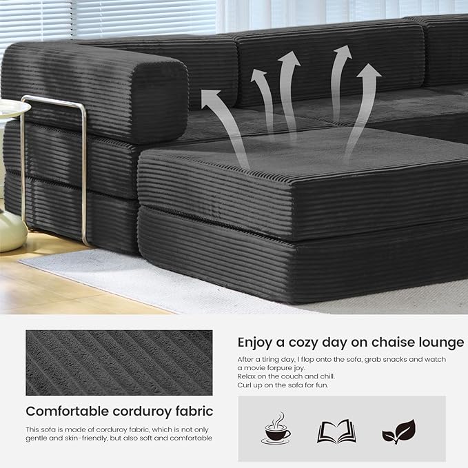 Folding Sofa Bed Convertable Corduroy Couch King Size Floor Sleeper 4-in-1 DIY Combination Modular Sofa Fold Out Futon Lounge Comfy Foldable Lazy cama for Living Room (Black)