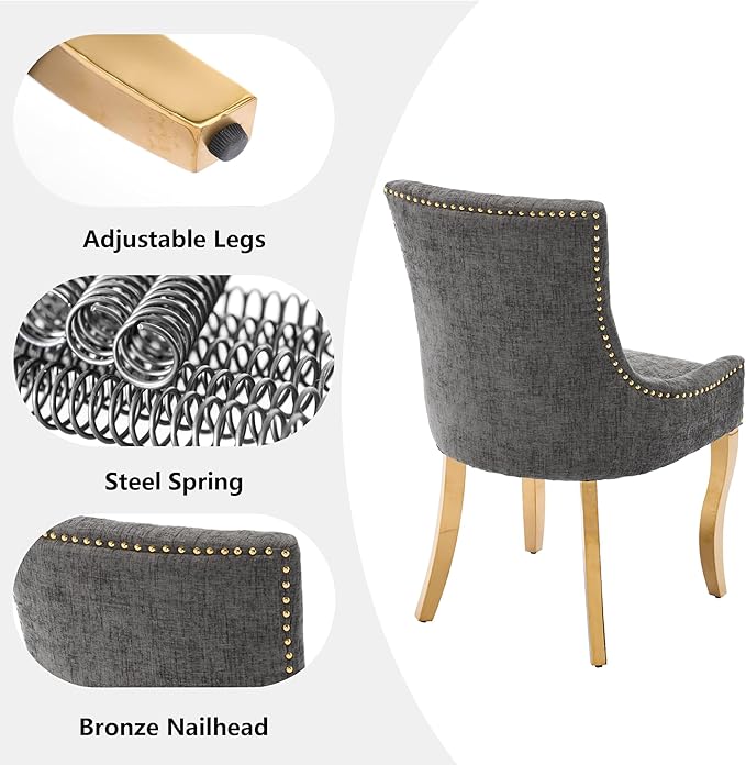 Luxury Fabirc Upholstered Dining Chairs Set of 4,Neutral Chenille Kitchen Room Chair with Nailhead Trim,4 Piece Modern Side Chairs for Dining Room,Living Room,Bar (Grey-Gold, Set of 4)