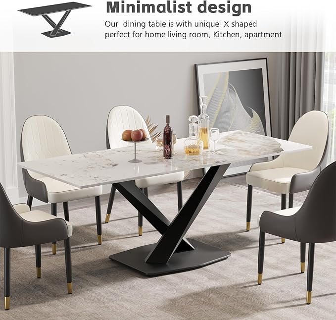Modern Rectangle Marble Dining Table,63" Antique White Marble Sintered Stone Top Dining Table,Rectangle Dining Room Table with X-Shape Carbon Steel Pedestal Table for Kitchen/Living Room(Table Only)