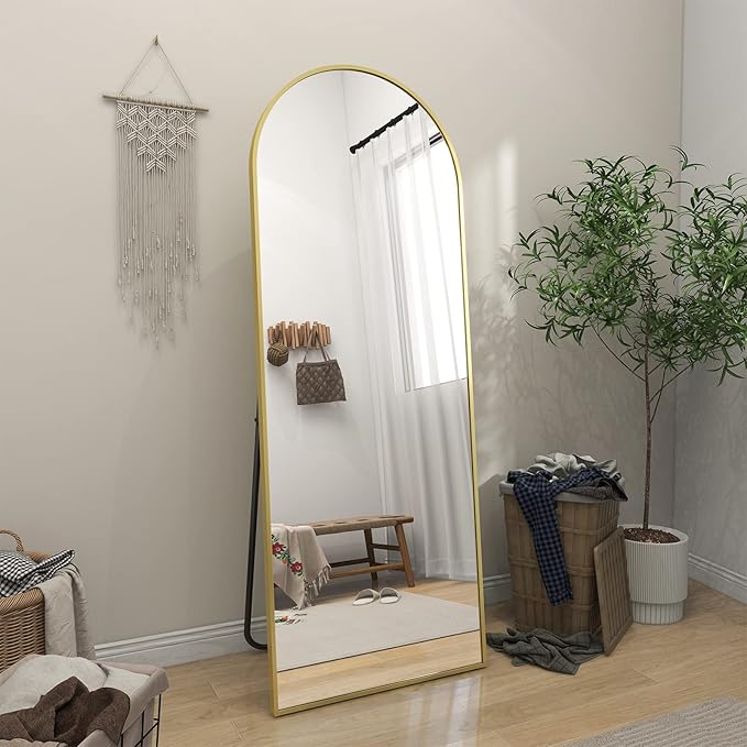 BEAUTYPEAK 64"x21" Arch Floor Mirror, Full Length Wall Hanging or Leaning Arched-Top Full Body Mirror with Stand for Bedroom, Dressing Room, Gold