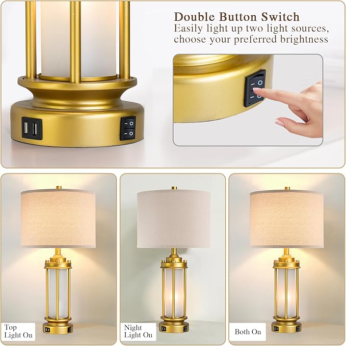 Set of 2 Modern Table Lamps for Living Room, Farmhouse Vintage Bedside Lamp with 2 USB Ports Glass Nightlight, Gold Nightstand Desk Lamps for Entryway Bedroom Dresser, 4 Bulbs Included