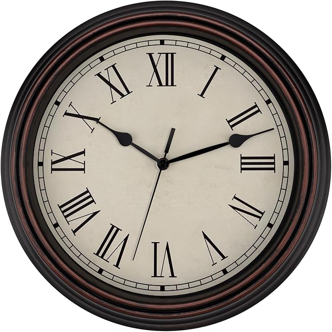 Foxtop 14 Inch Roman Numerals Wall Clock Battery Operated Silent Non-Ticking Round Classic Vintage Retro Wall Clock Decorative for Living Room Kitchen Home Office (Bronze)