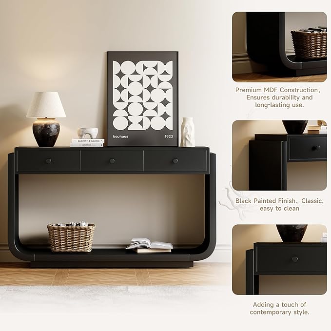 Merax 55" Entryway Table with 3 Drawers, Natural Wood Grain Finish Console Table with Fluted Design for Entryway and Living Room (Black)