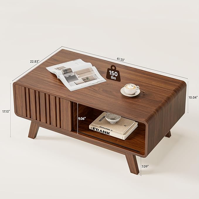 ONBRILL Coffee Table, Mid Century Modern Table with Storage Compartment, Fluted Table with Sliding Cabinet Door, Farmhouse Wood Coffee Table for Living Room (Walnut)