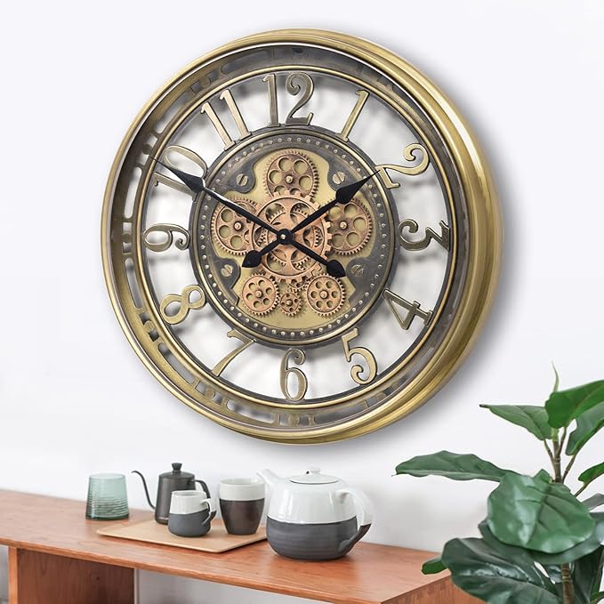 INFINITY TIME 21 Inch Moving Gears Wall Clock,Large Modern Decorative Wall Clocks for Living Room Decor,Brass Gold Roman Numeral